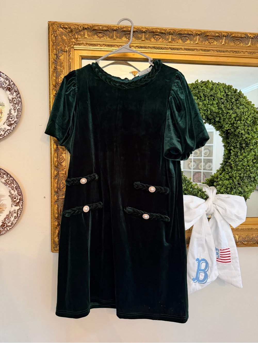 Green Velvet Short-Sleeve Shift Dress with Braided Trim